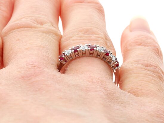 18ct White Gold Ruby and Diamond Eternity Ring on finger