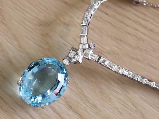 platinum Diamond Necklace with Aquamarine Pendant