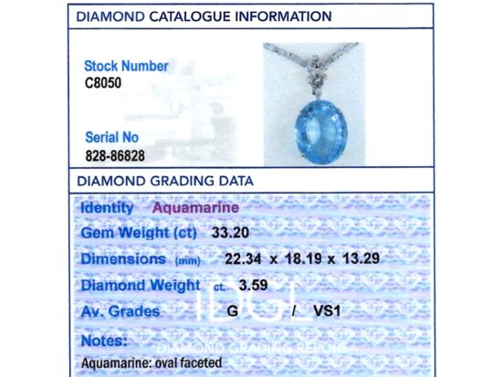 Diamond Necklace with Aquamarine Pendant grading card