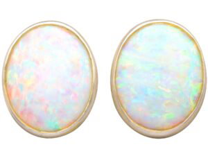 Vintage Cabochon White Opal Earrings in Yellow Gold
