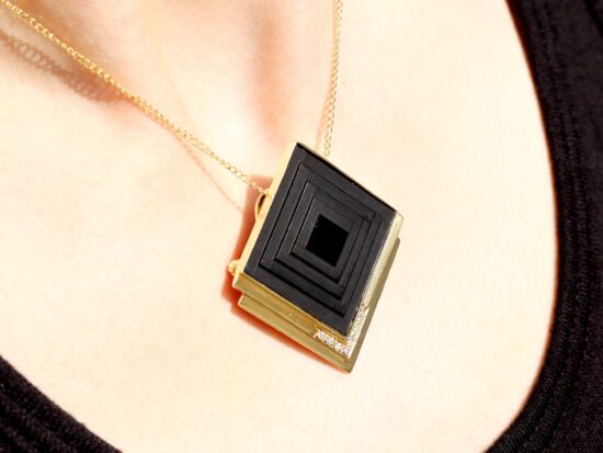 Vintage Black Onyx Pendant in Gold wearing