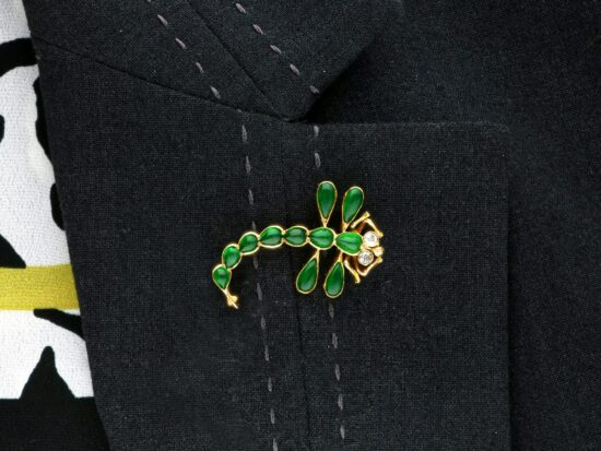 Chrysoprase Dragonfly Brooch Being Worn