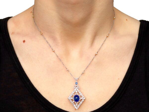 Edwardian sapphire necklace on neck