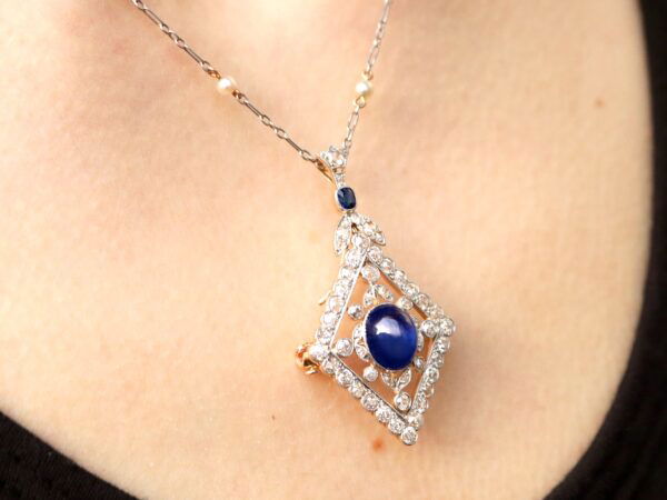 wearing Edwardian sapphire necklace