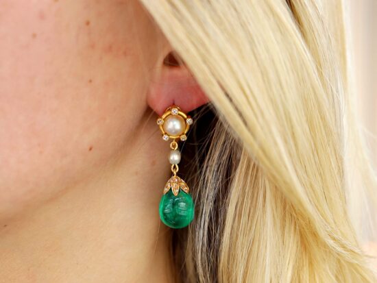 Wearing Victorian Emerald Pearl Earrings