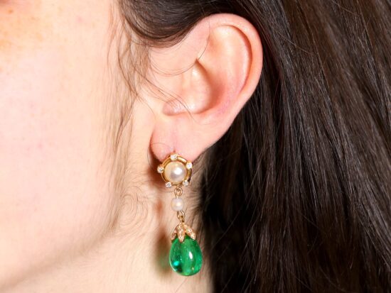 Emerald Pearl Earrings Being Worn