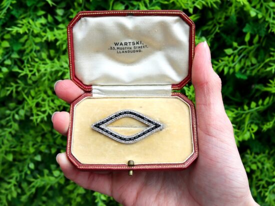 boxed Cartier Black Onyx and Diamond Brooch outside
