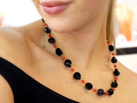 wearing Vintage Onyx and Coral Necklace
