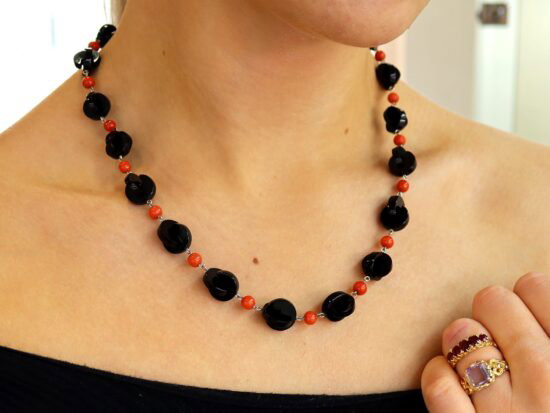 Vintage Onyx and Coral Necklace wearing