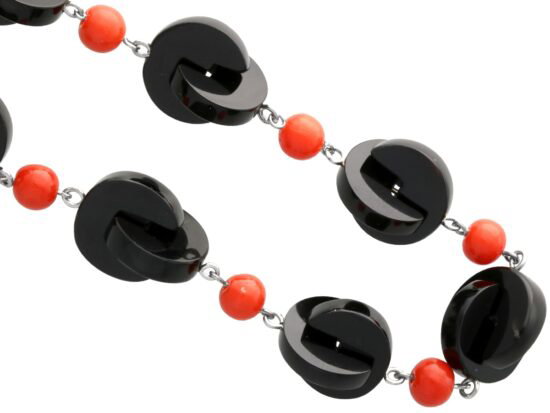 Vintage Onyx and Coral Necklace in silver