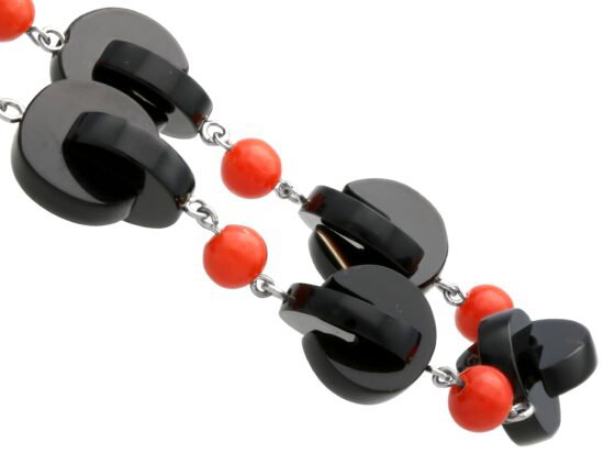 silver Vintage Onyx and Coral Necklace