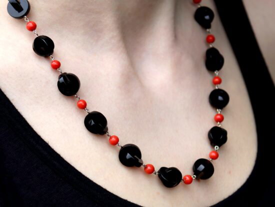 Vintage Onyx and Coral Necklace being worn