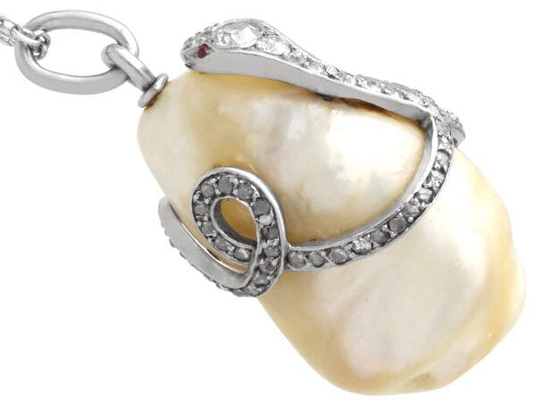Antique Pearl Pendant with diamond snake