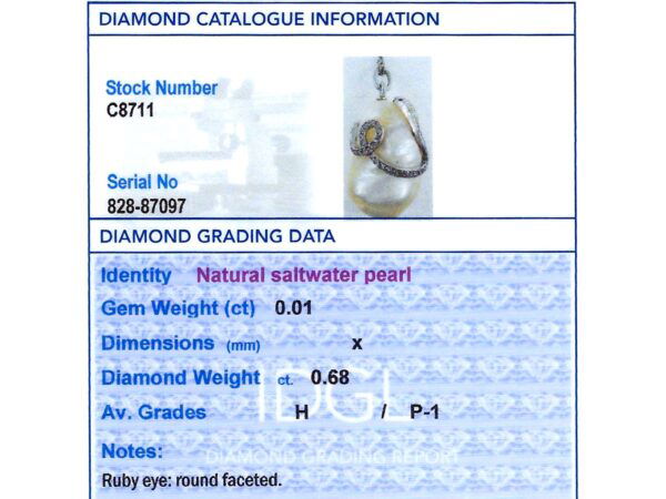 Pearl Diamond and Ruby Snake Pendant grading card