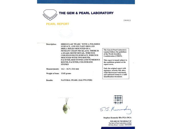 Pearl Diamond and Ruby Snake Pendant grading certificate