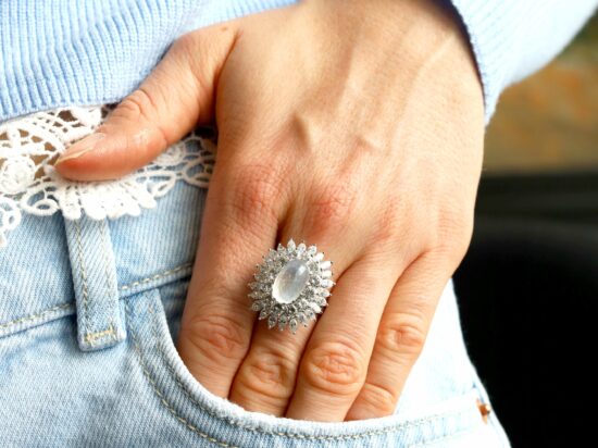 wearing moonstone ring with diamonds