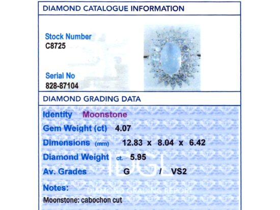 Moonstone Cocktail Ring with Diamonds grading card