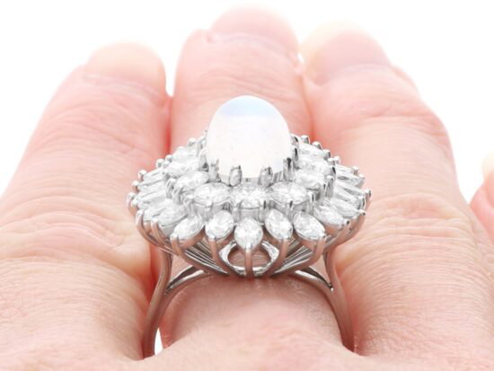 Moonstone Cocktail Ring with Diamonds on finger