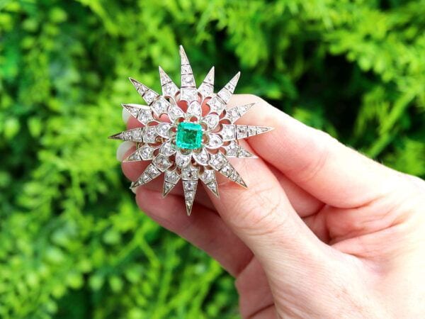 Victorian Emerald and Diamond Star Brooch Outside