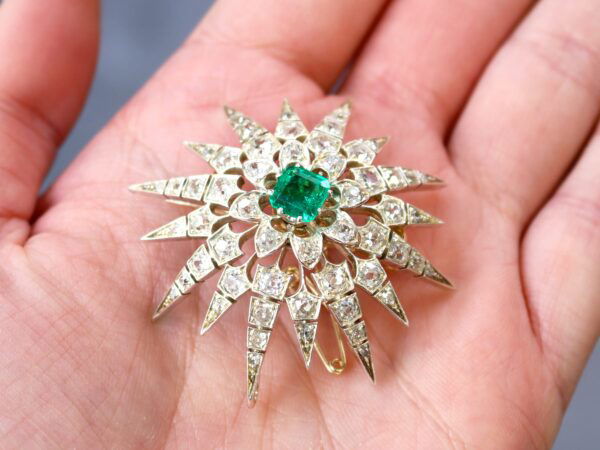 Victorian Emerald and Diamond Star Brooch in Hand