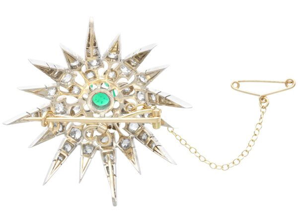 Victorian Emerald and Diamond Star Pendant with safety chain