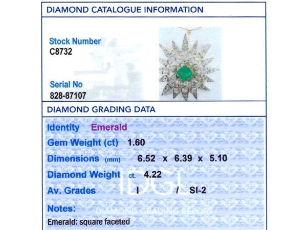 Victorian Emerald and Diamond Star Pendant grading card