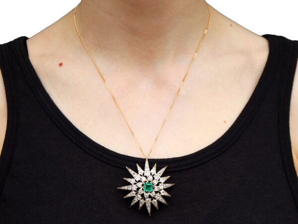 Victorian Emerald and Diamond Star Pendant on Neck