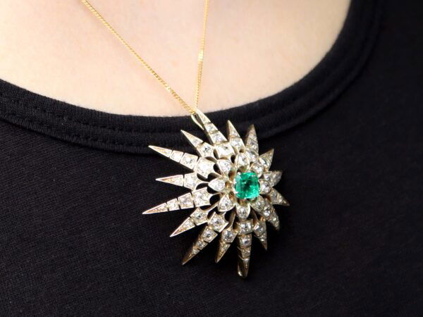 wearing Victorian Emerald and Diamond Star Pendant
