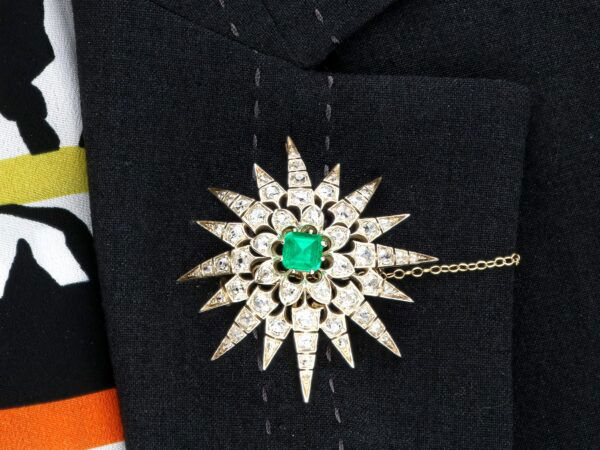 wearing Victorian Emerald and Diamond Star Brooch