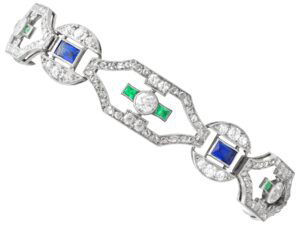 Art Deco Emerald Sapphire Diamond Platinum Bracelet