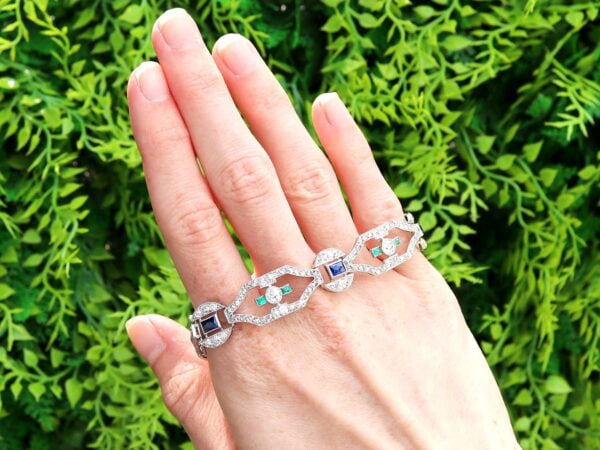 Platinum Emerald Sapphire Diamond Bracelet Outside