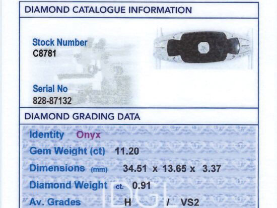 Art Deco Onyx Brooch with Diamonds grading card