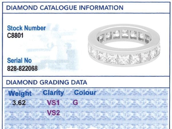 princess cut diamond eternity ring grading card