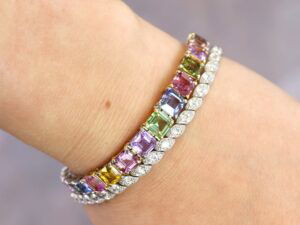 wearing Edwardian diamond tennis bracelet