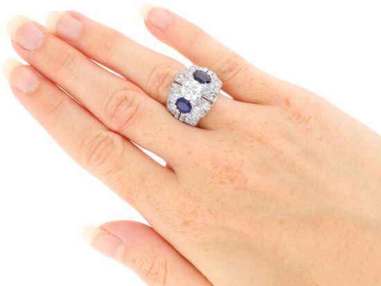 platinum basaltic sapphire cocktail ring on hand