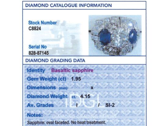 platinum basaltic sapphire cocktail ring grading card