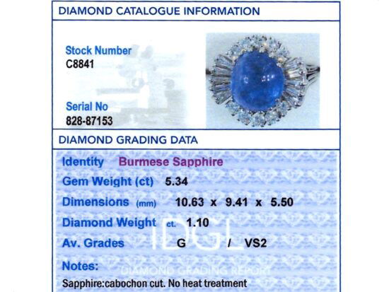 white gold oval sapphire ring grading card
