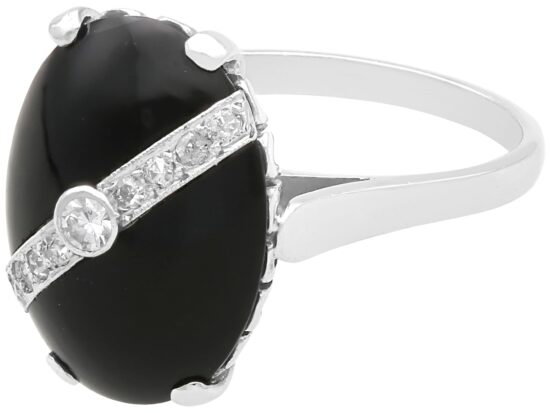 Antique Black Onyx and Diamond Ring in White Gold
