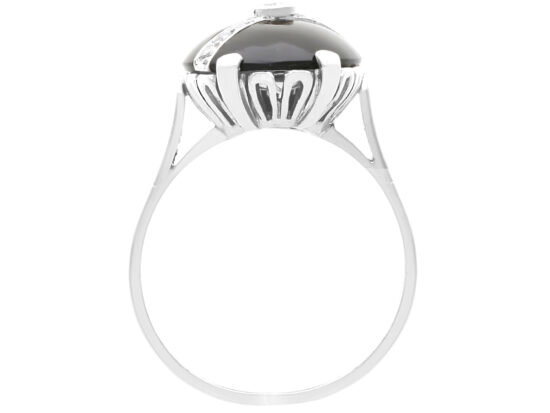 setting of Antique Black Onyx and Diamond Ring in White Gold