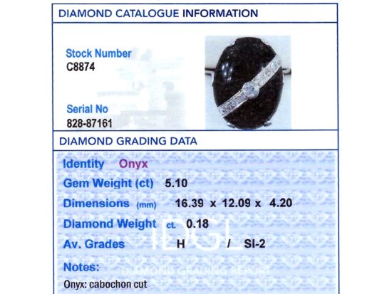 Antique Black Onyx and Diamond Ring in White Gold grading card