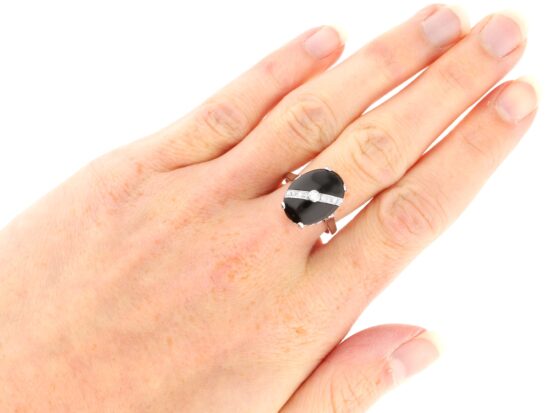 wearing Antique Black Onyx and Diamond Ring in White Gold