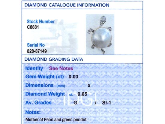 Antique Pearl Turtle Brooch with Diamonds grading card