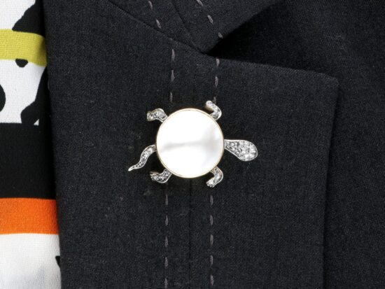 Antique Pearl Turtle Brooch with Diamonds wearing