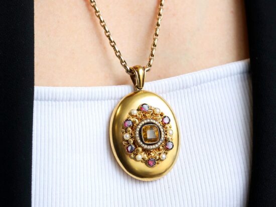 citrine pearl garnet locket wearing