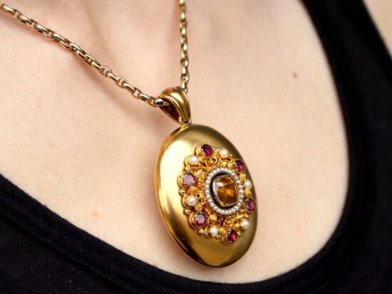 Citrine Garnet Pearl Locket Closeup