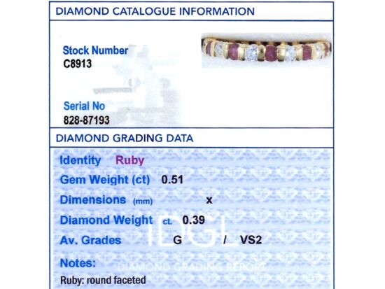 Ruby and Diamond Eternity Ring in Yellow Gold grading card