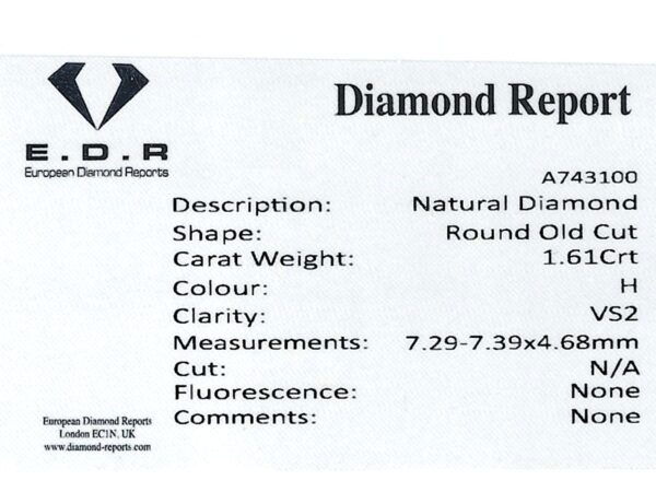 old European cut diamond ring grading card