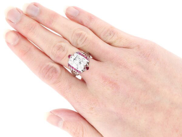 wearing Ruby and Diamond Dress Ring in White Gold