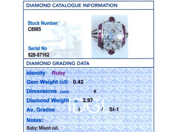 Ruby and Diamond Dress Ring in White Gold grading card
