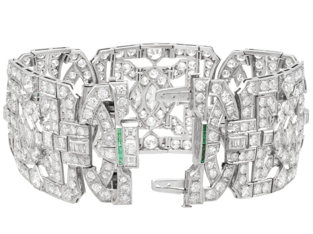 Large Art Deco Diamond bracelet with wemerald clasp